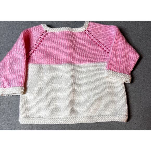 Hand Knit Baby Girl Sweater Cardigan 6-12 months (22" Chest) Pink White Button - Picture 4 of 7